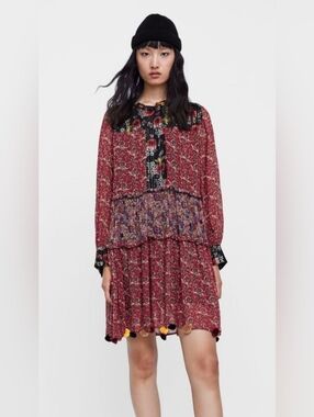 Zara Womens Dress Red Floral Patchwork Tiered Pompom Semi Sheer Peasant Boho M